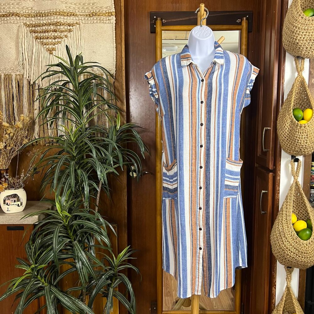 Linen Rayon Midi Shirt Dress Medium Button Front Striped Pockets Duster Monteau